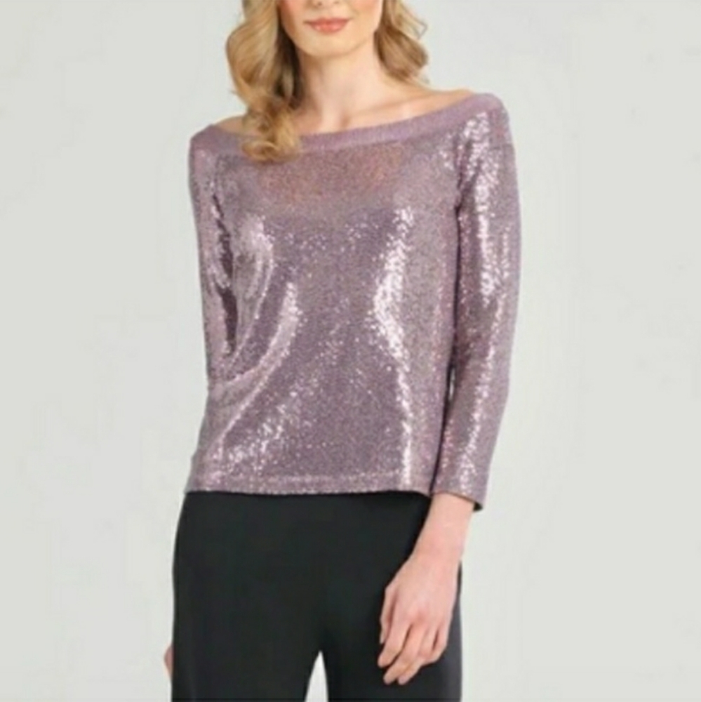 CLARA SUN WOO Metallic Pink Sequin Boatneck Top NWOT!